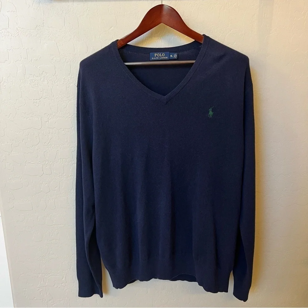 POLO Ralph Lauren 100% Merino wool Men’s V neck pullover sweater, navy blue,XL
